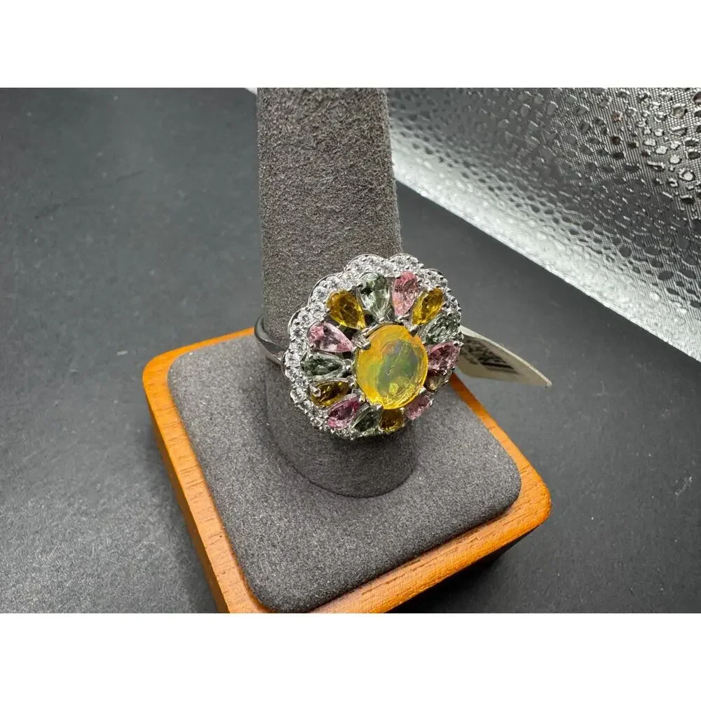 JTV Sterling Silver 925 Ethiopian Opal Multi Tourmaline White Zircon Ring Sz 10